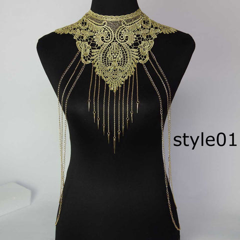 Lace Body chain Women / Collar Choker With Gold Body Chains - gothicstate