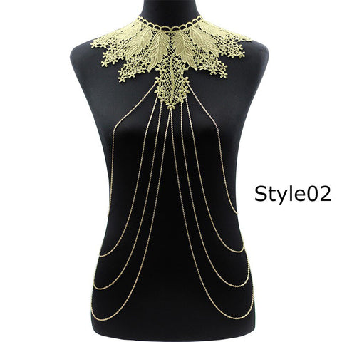 Lace Body chain Women / Collar Choker With Gold Body Chains - gothicstate