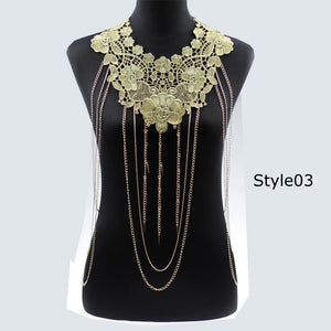 Lace Body chain Women / Collar Choker With Gold Body Chains - gothicstate