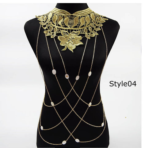 Lace Body chain Women / Collar Choker With Gold Body Chains - gothicstate