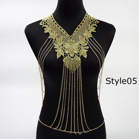 Lace Body chain Women / Collar Choker With Gold Body Chains - gothicstate