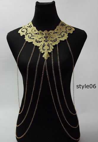 Lace Body chain Women / Collar Choker With Gold Body Chains - gothicstate