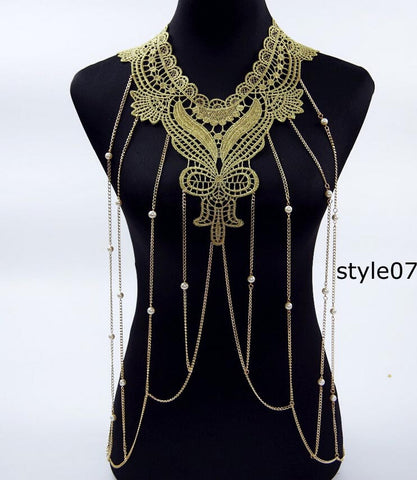 Lace Body chain Women / Collar Choker With Gold Body Chains - gothicstate