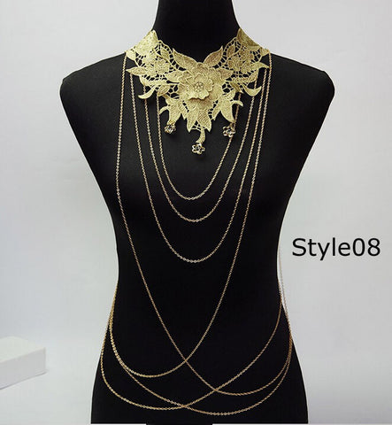 Lace Body chain Women / Collar Choker With Gold Body Chains - gothicstate