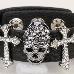 Black Leather Skull Cross Bracelet Crystal Adjustable - gothicstate