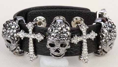 Black Leather Skull Cross Bracelet Crystal Adjustable - gothicstate