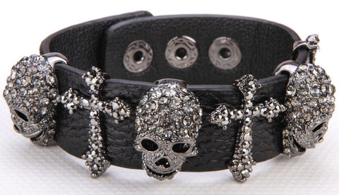 Black Leather Skull Cross Bracelet Crystal Adjustable - gothicstate