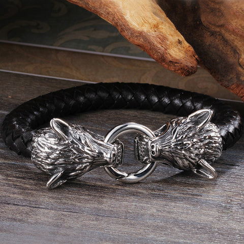 Wolf Head Black Genuine Leather Bracelet - gothicstate