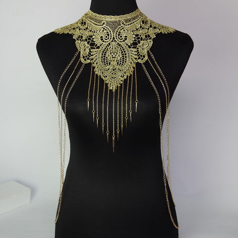 Lace Body chain Women / Collar Choker With Gold Body Chains - gothicstate